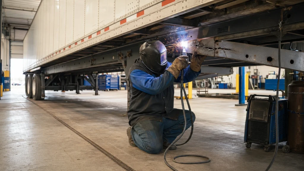 Mechanic performing commercial trailer welding repair on a cracked semi-trailer crossmember in a Houston repair shop