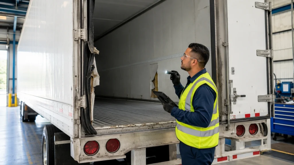 Technician inspecting damaged reefer trailer door seals and interior panels at a Houston trailer repair shop