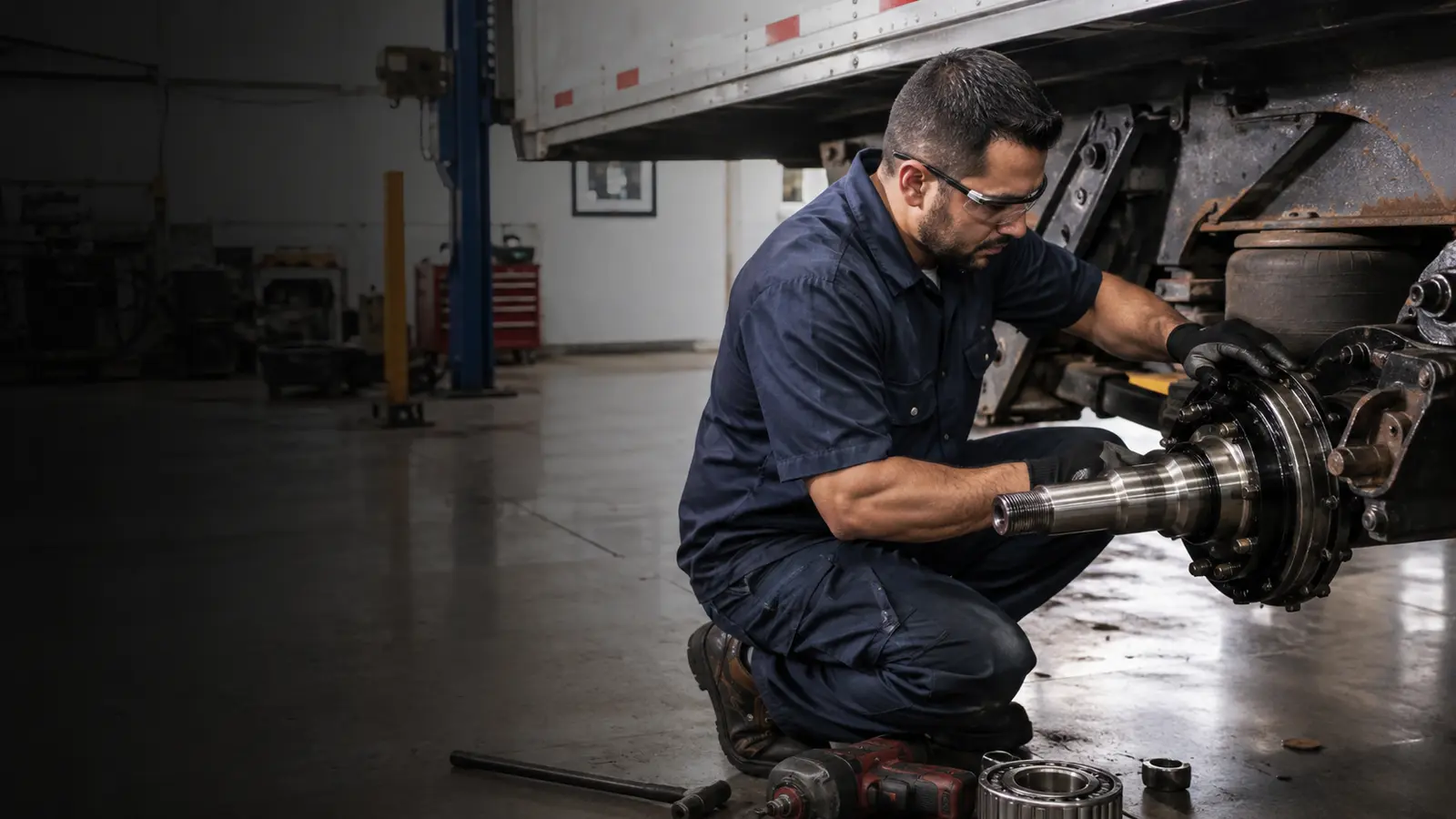 Mechanic performing commercial trailer spindle repair in Houston